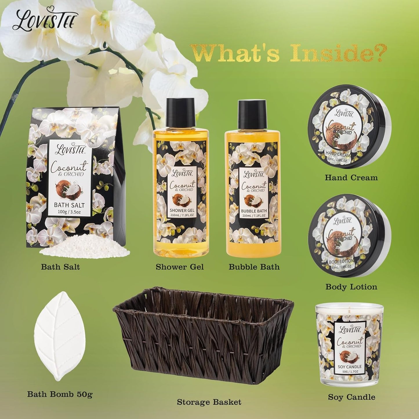 Christmas Spa Gift Baskets for Women, Spa Gifts for Women, Coconut & Orchid Bath and Body Set, Gift Basket Includes Shower Gel, Hand Cream, Body Lotion, Candle and More, Gifts for Women, Gift for Mom