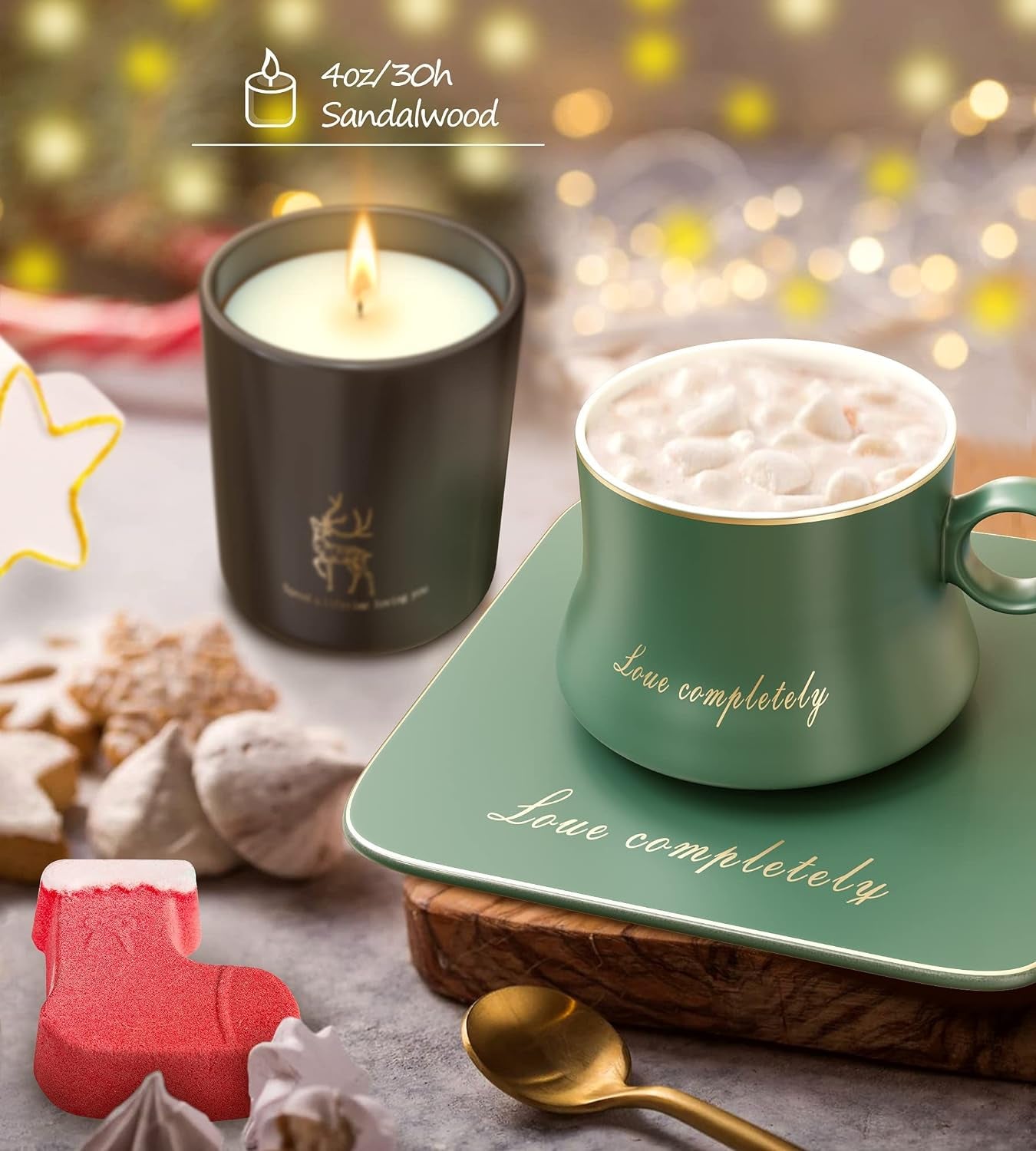 Golden Christmas Gift Basket for Women, Ceramic Coffee Mug, Candles, Relaxing Spa Set