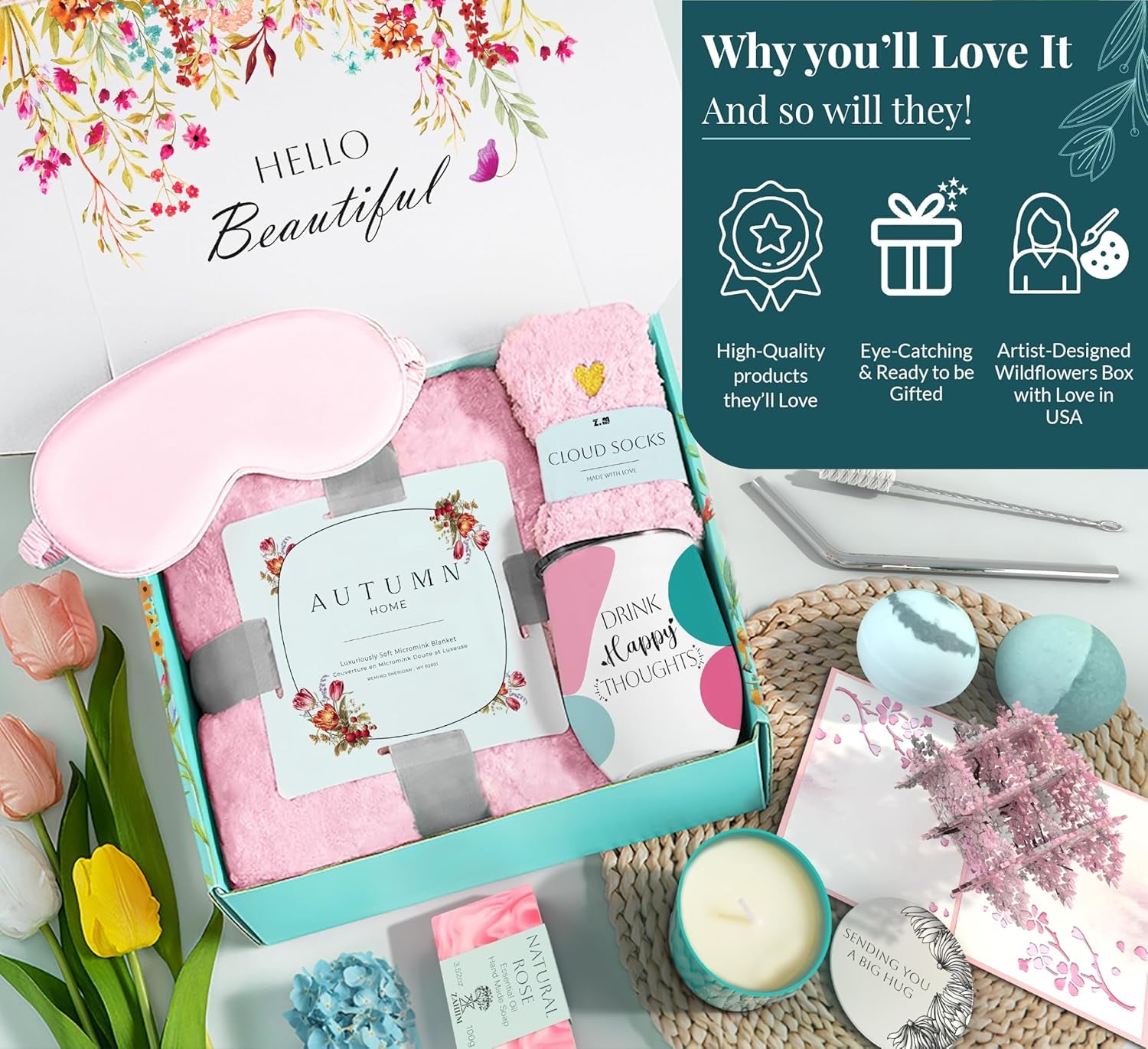 Comforting Get Well Soon Gift Baskets for Women -10Pc Get Well Gifts for Women after Surgery, Thoughtfully Curated Thinking of You Self Care Package with Blanket, Tumbler, Eye Mask, Soap, Socks & More