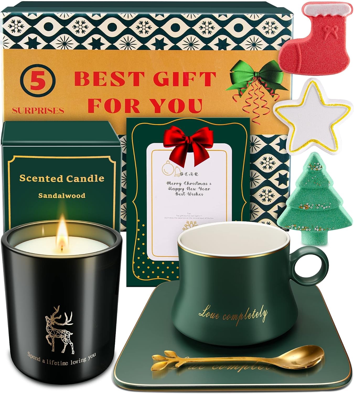 Golden Christmas Gift Basket for Women, Ceramic Coffee Mug, Candles, Relaxing Spa Set