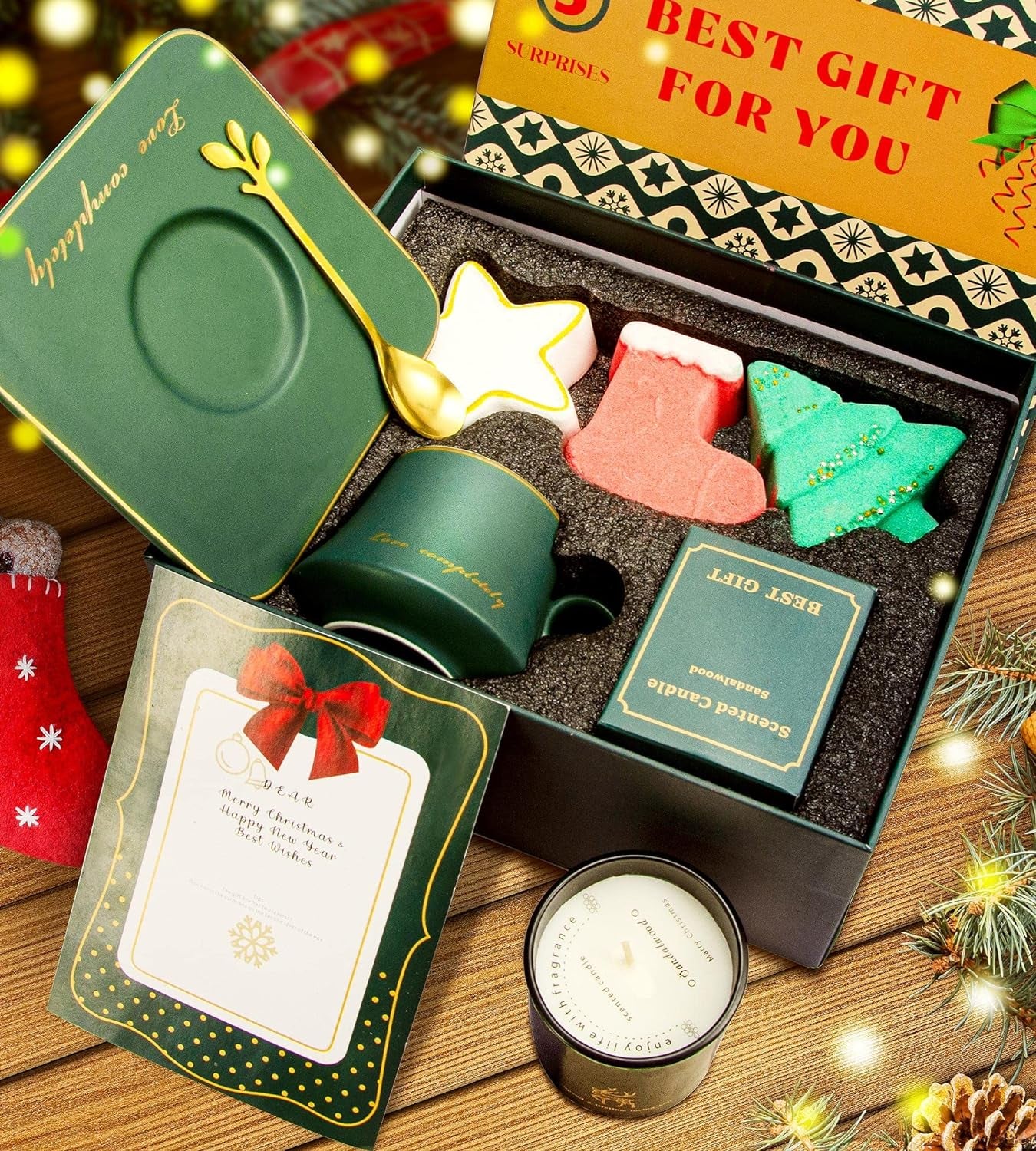 Golden Christmas Gift Basket for Women, Ceramic Coffee Mug, Candles, Relaxing Spa Set