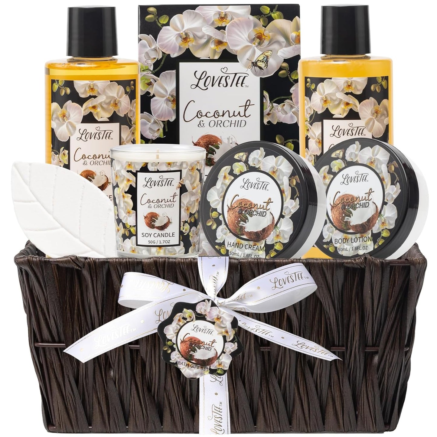 Christmas Spa Gift Baskets for Women, Spa Gifts for Women, Coconut & Orchid Bath and Body Set, Gift Basket Includes Shower Gel, Hand Cream, Body Lotion, Candle and More, Gifts for Women, Gift for Mom